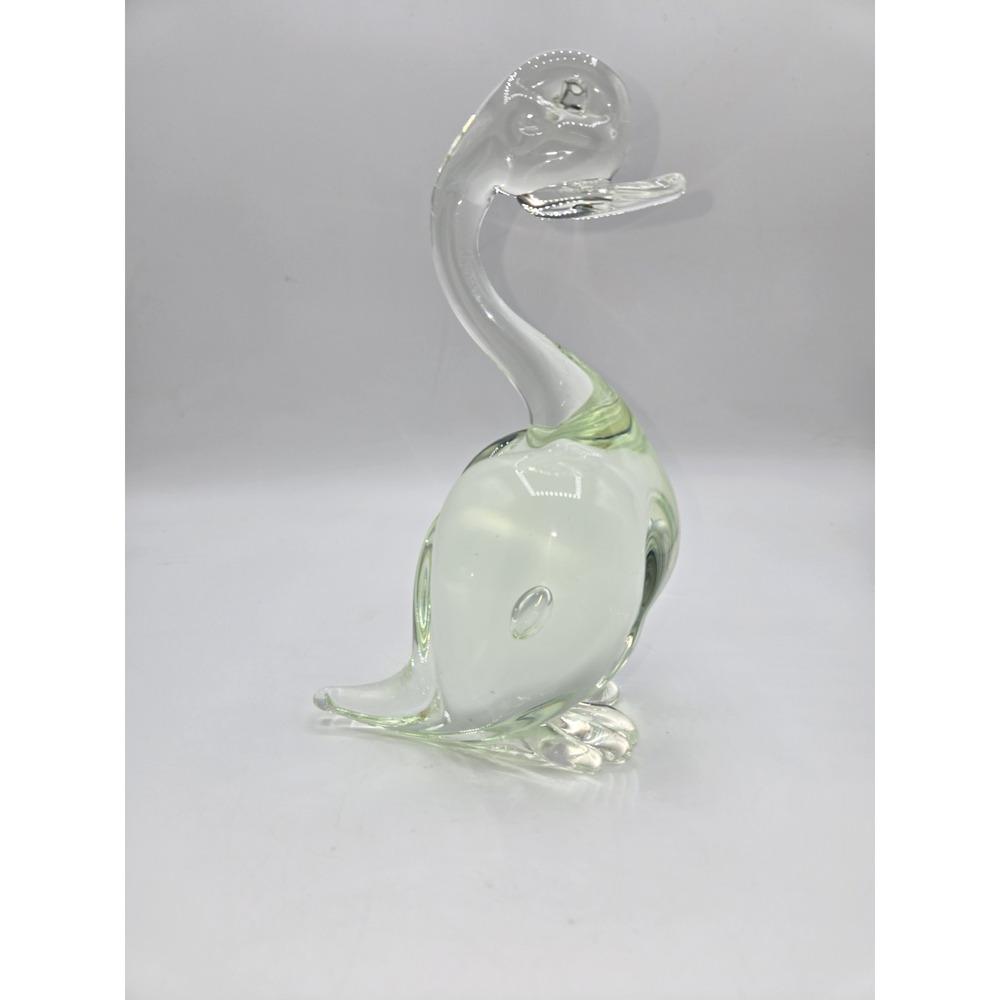 Murano Glass Hand Blown Duck Figurine Light Green & Clear Trapped Bubble 8"